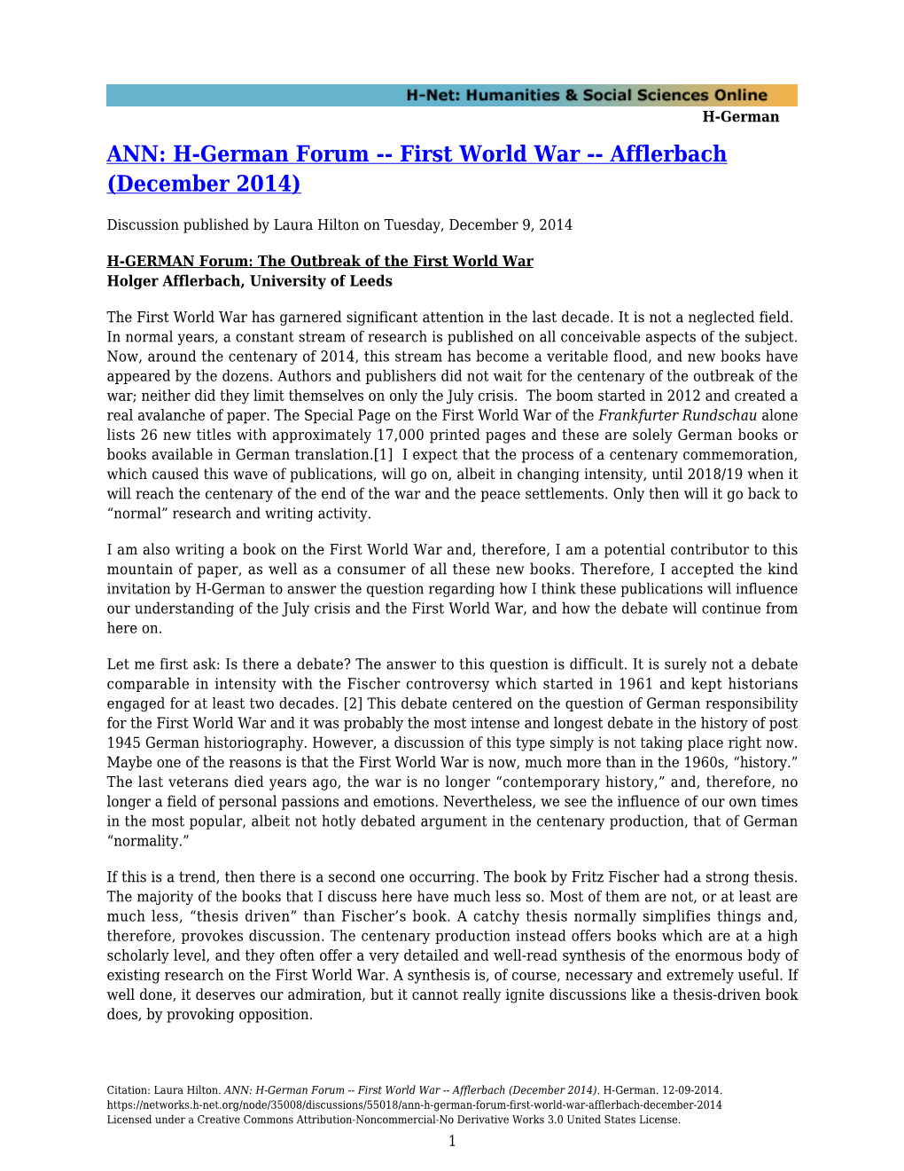 H-German Forum -- First World War -- Afflerbach (December 2014)