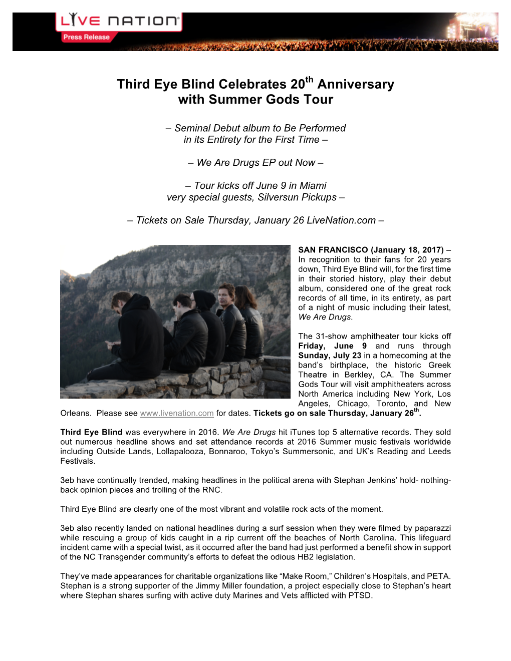 Third Eye Blind Celebrates 20Th Anniversary with Summer Gods Tour