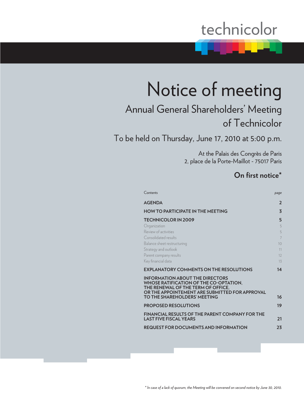 Notice of Meeting Annual General Shareholders’ Meeting of Technicolor to Be Held on Thursday, June 17, 2010 at 5:00 P.M