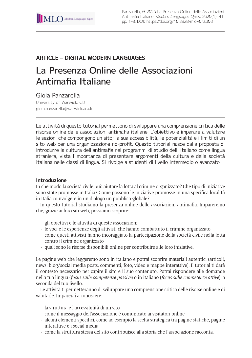 La Presenza Online Delle Associazioni Antimafia Italiane.Modern Languages Open, 2020(1): 41 Pp