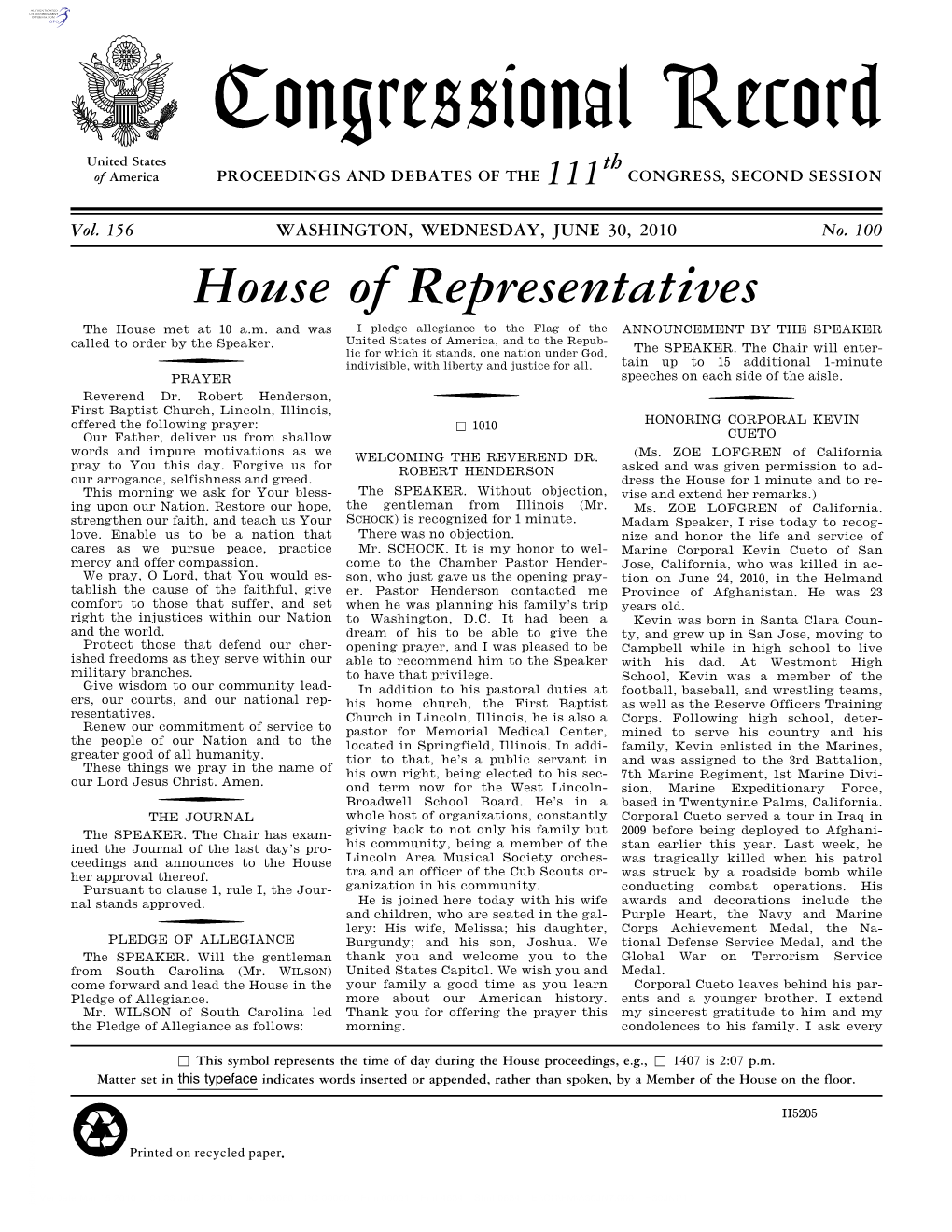 Congressional Record United States Th of America PROCEEDINGS and DEBATES of the 111 CONGRESS, SECOND SESSION