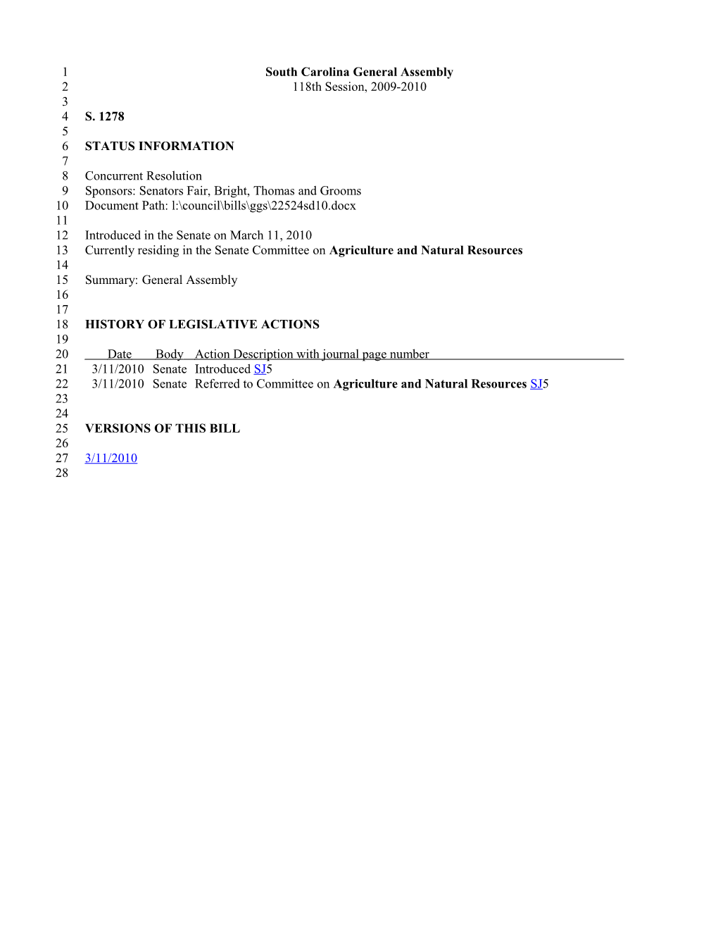 2009-2010 Bill 1278: General Assembly - South Carolina Legislature Online