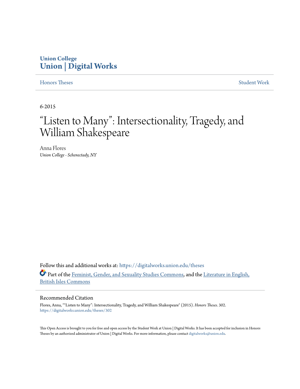 Intersectionality, Tragedy, and William Shakespeare Anna Flores Union College - Schenectady, NY