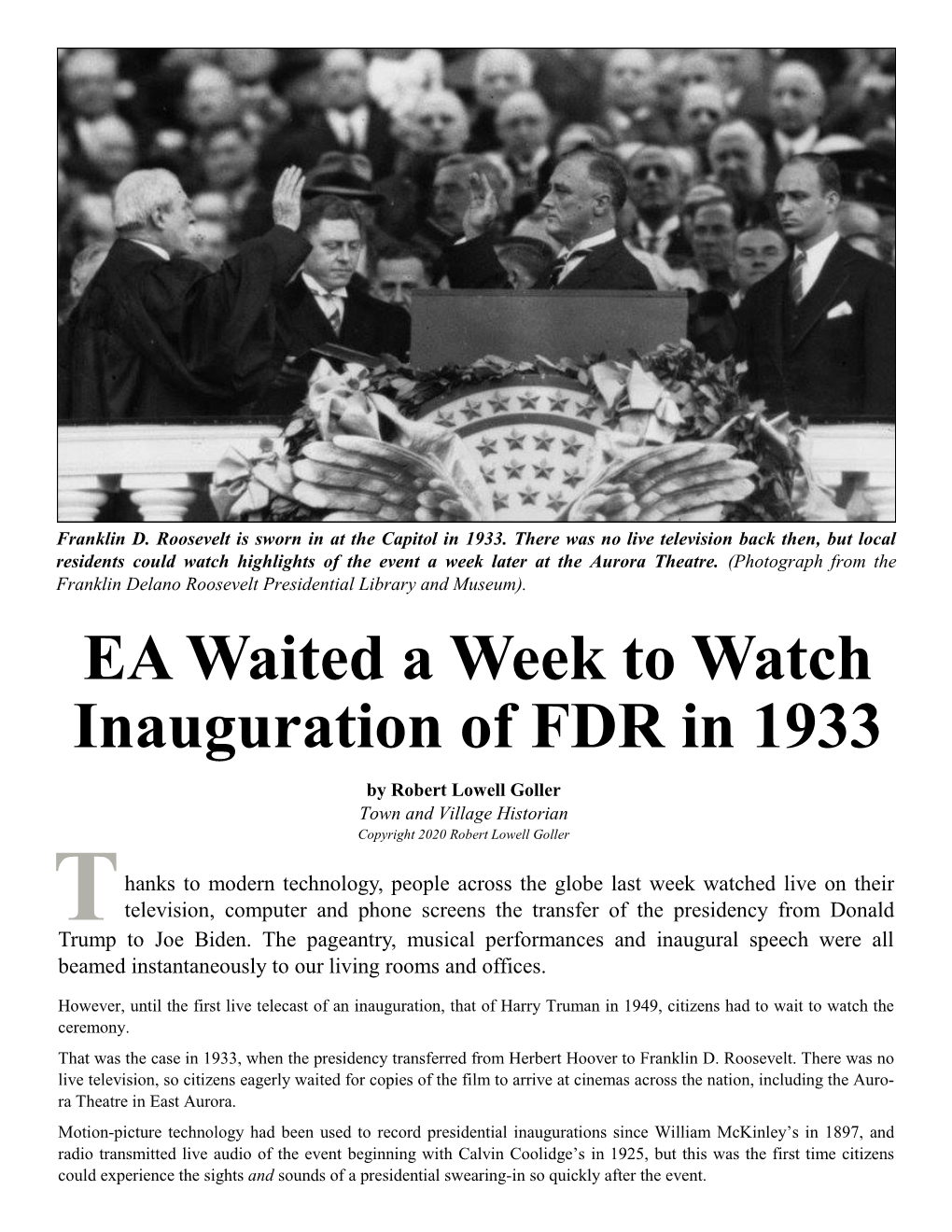 EA Waited a Week to Watch Inauguration of FDR in 1933