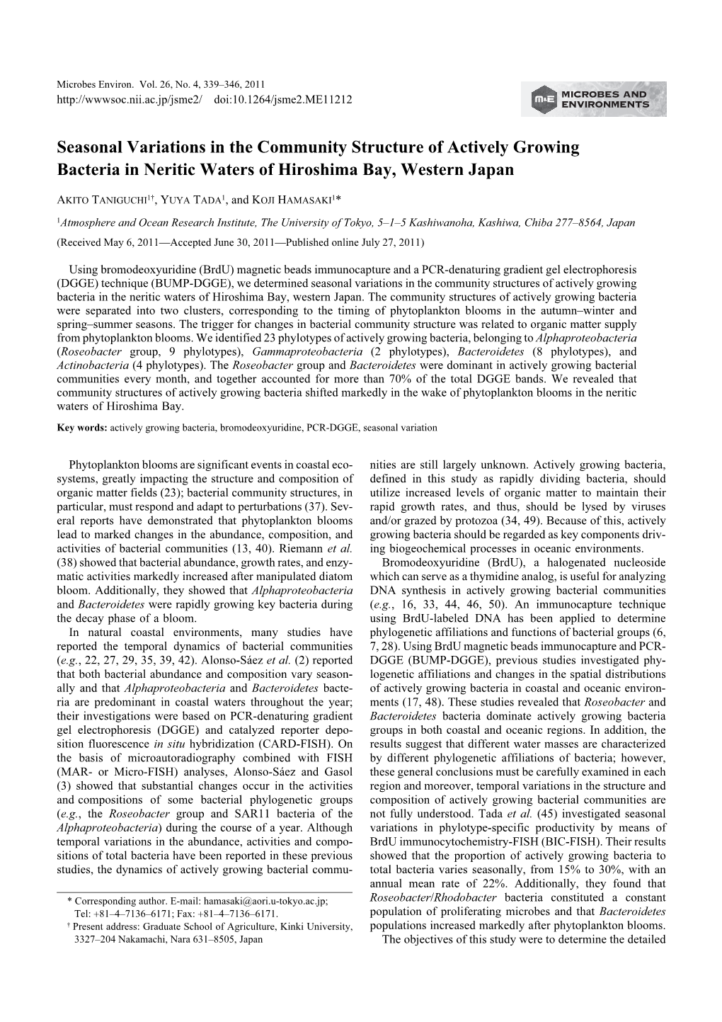 Seasonal Variations in the Community Structure of Actively Growing Bacteria in Neritic Waters of Hiroshima Bay, Western Japan