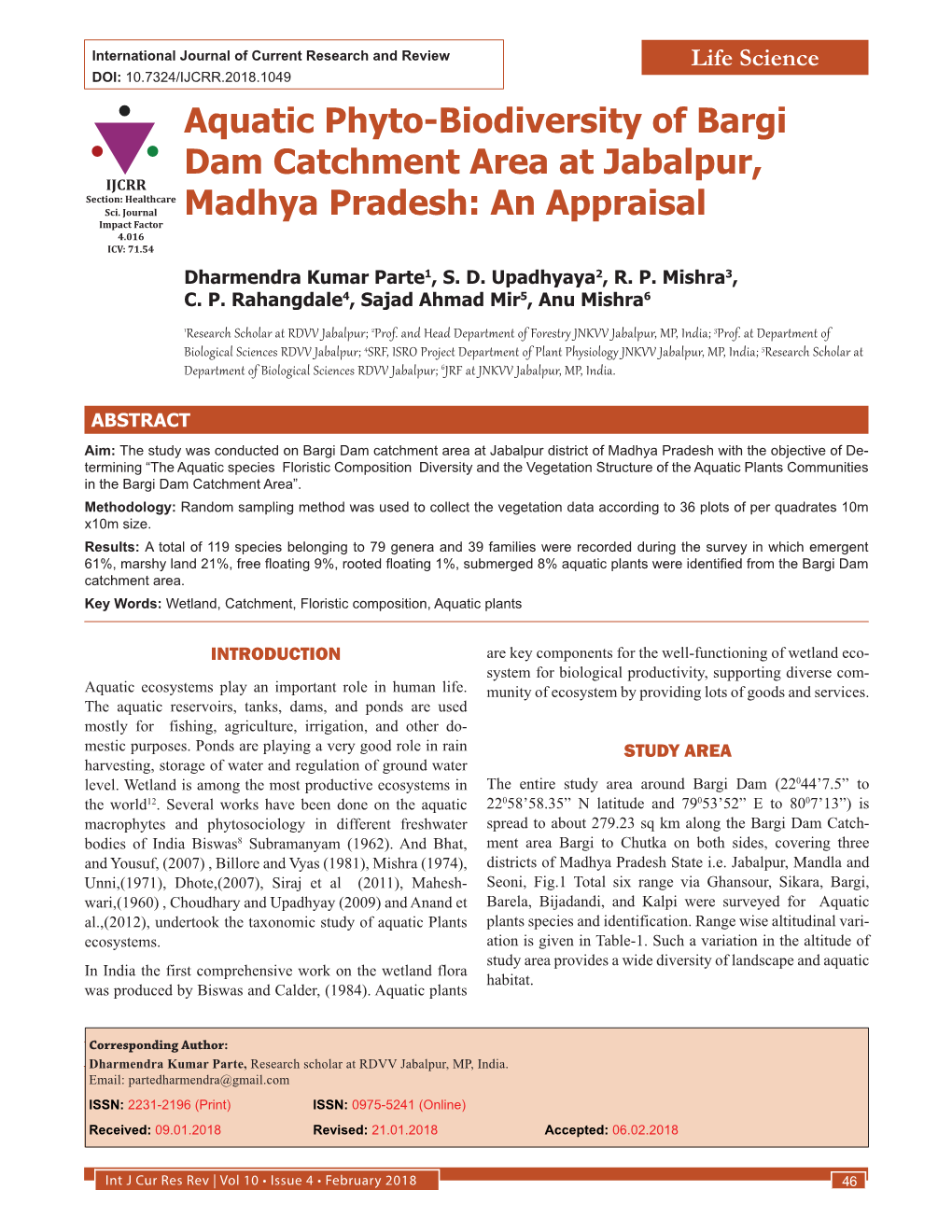 Aquatic Phyto-Biodiversity of Bargi Dam Catchment Area at Jabalpur, IJCRR Section: Healthcare Sci