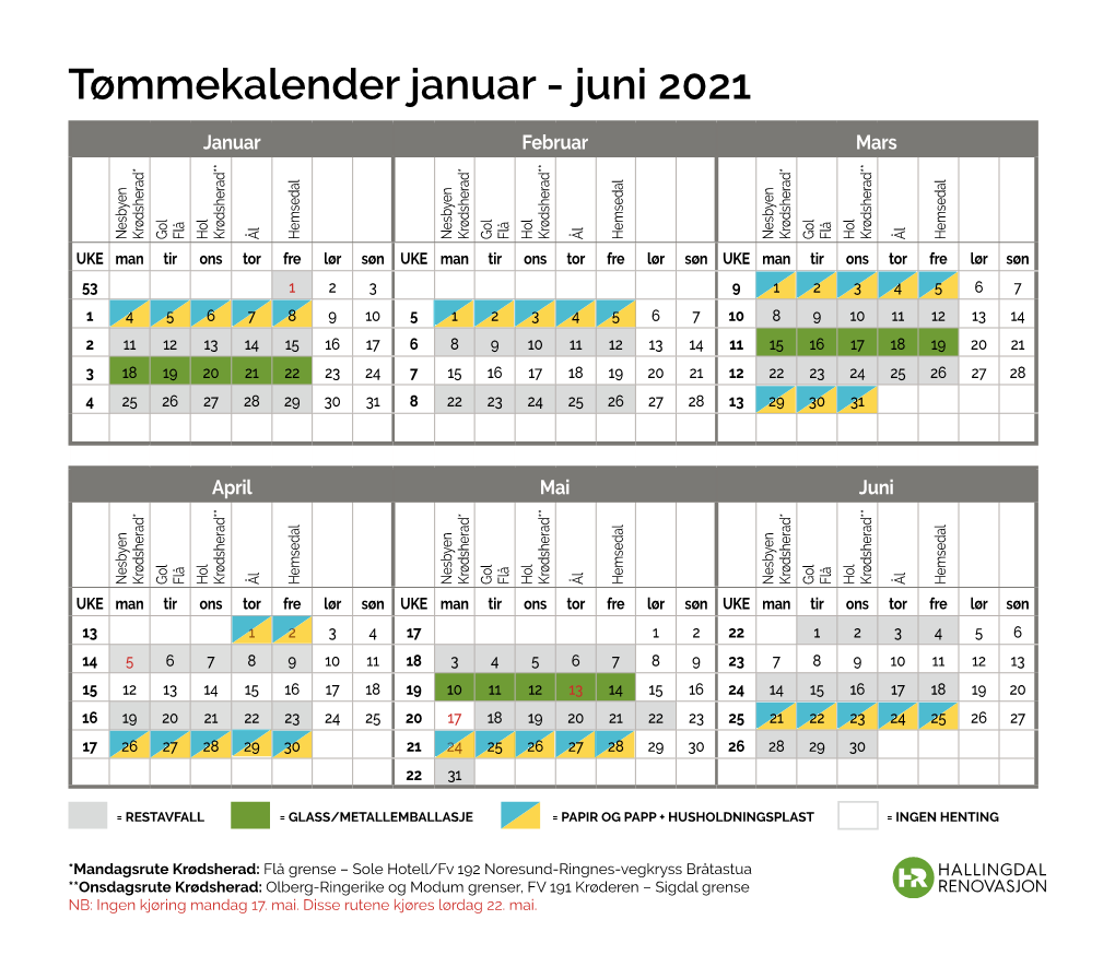 Tømmekalender Januar - Juni 2021