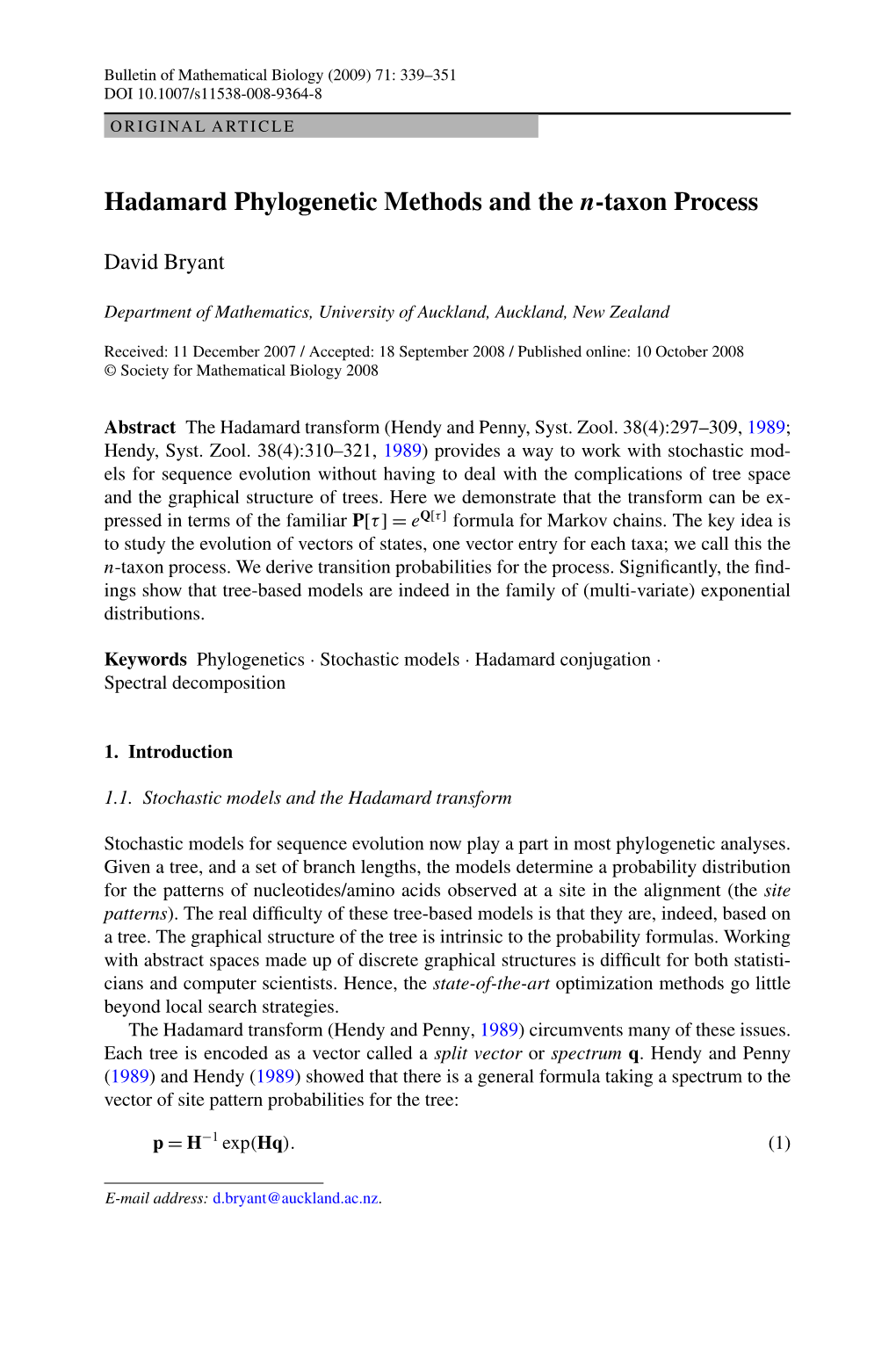 Hadamard Phylogenetic Methods and the N-Taxon Process