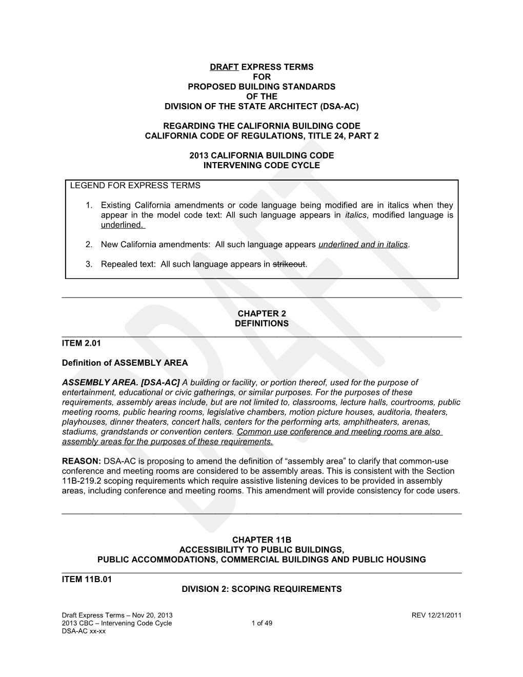 Draft Express Terms For Proposed Building Standards Of The Division Of The State Architect (DSA-AC)