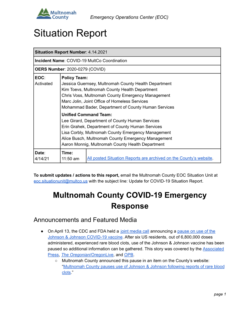 4.14.21 COVID-19 Multnomah County Situation Report