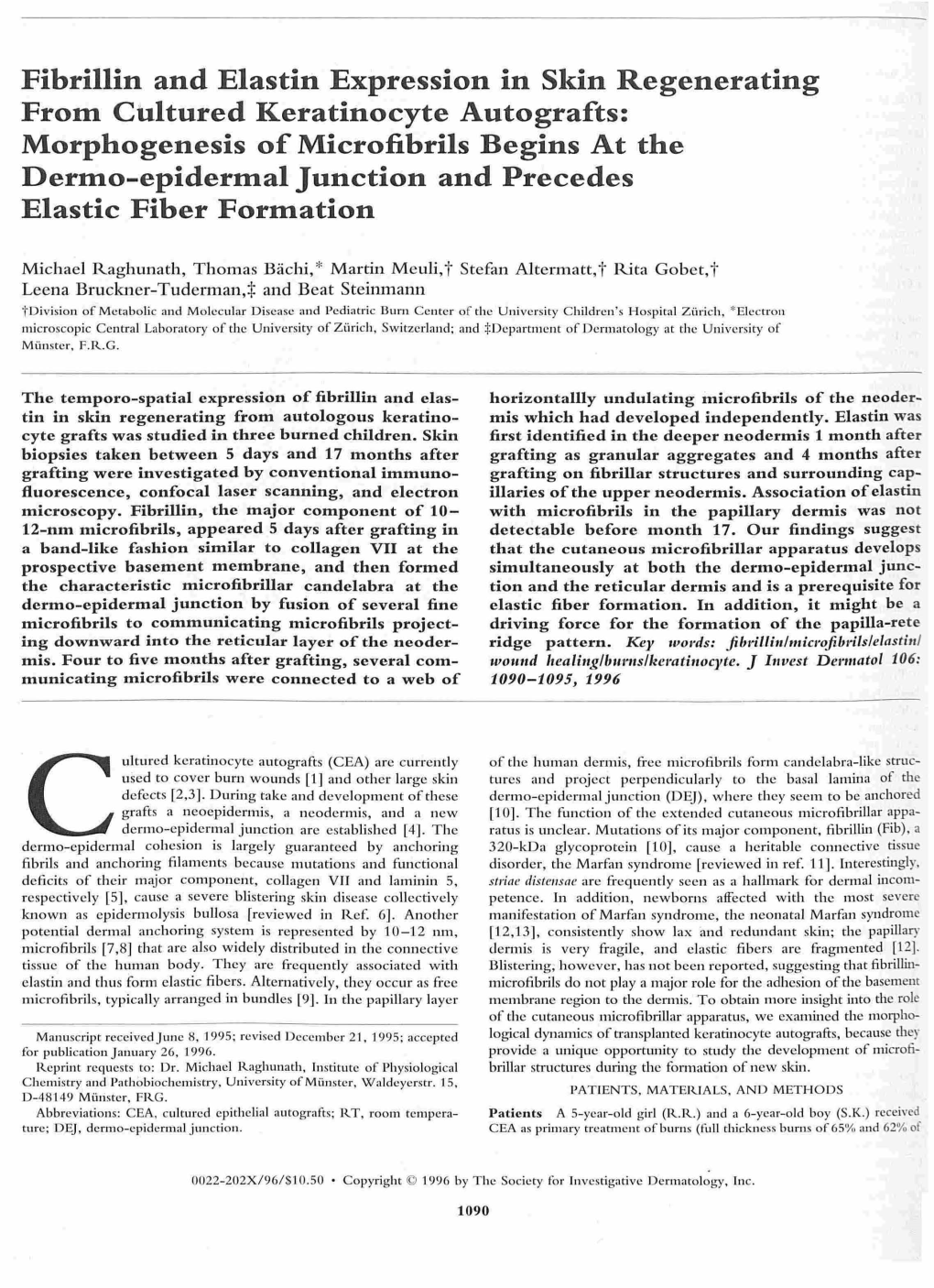 Fibrillin and Elastin Expression in Skin Regenerating from Cultured