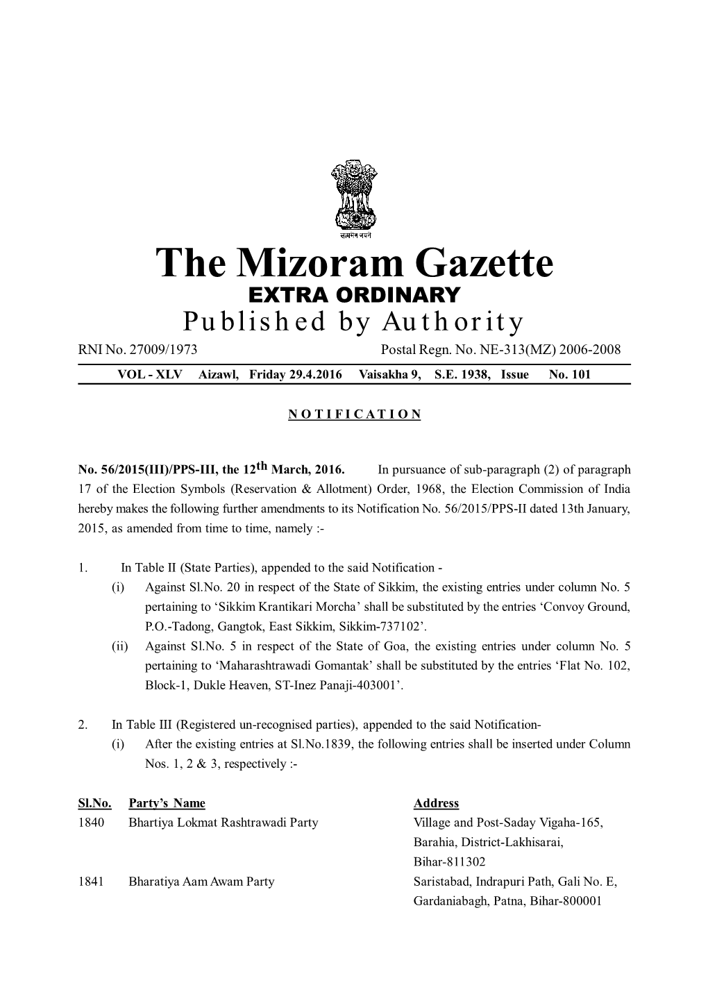 The Mizoram Gazette EXTRA ORDINARY Published by Authority RNI No