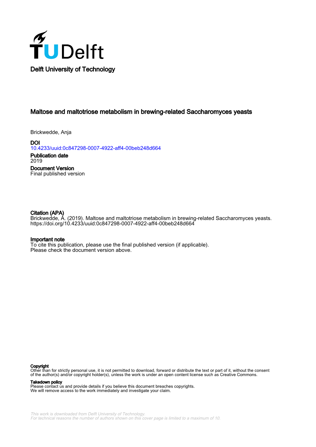 Delft University of Technology Maltose and Maltotriose Metabolism In