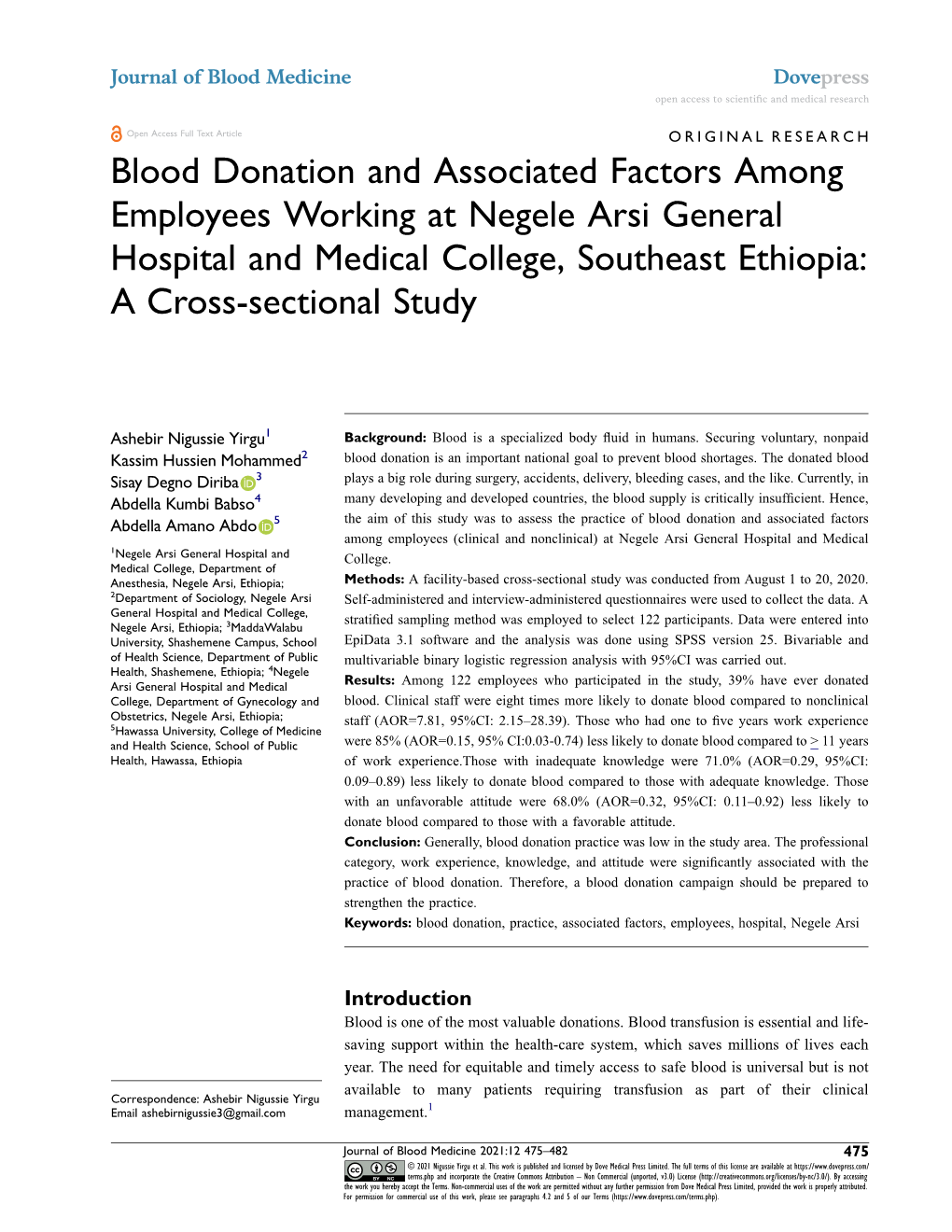 Blood Donation and Associated Factors Among Employees Working at Negele Arsi General Hospital and Medical College, Southeast Ethiopia: a Cross-Sectional Study