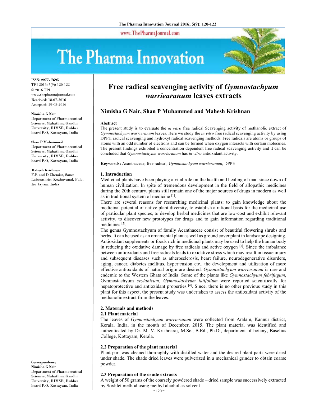 Free Radical Scavenging Activity of Gymnostachyum Warriearanum