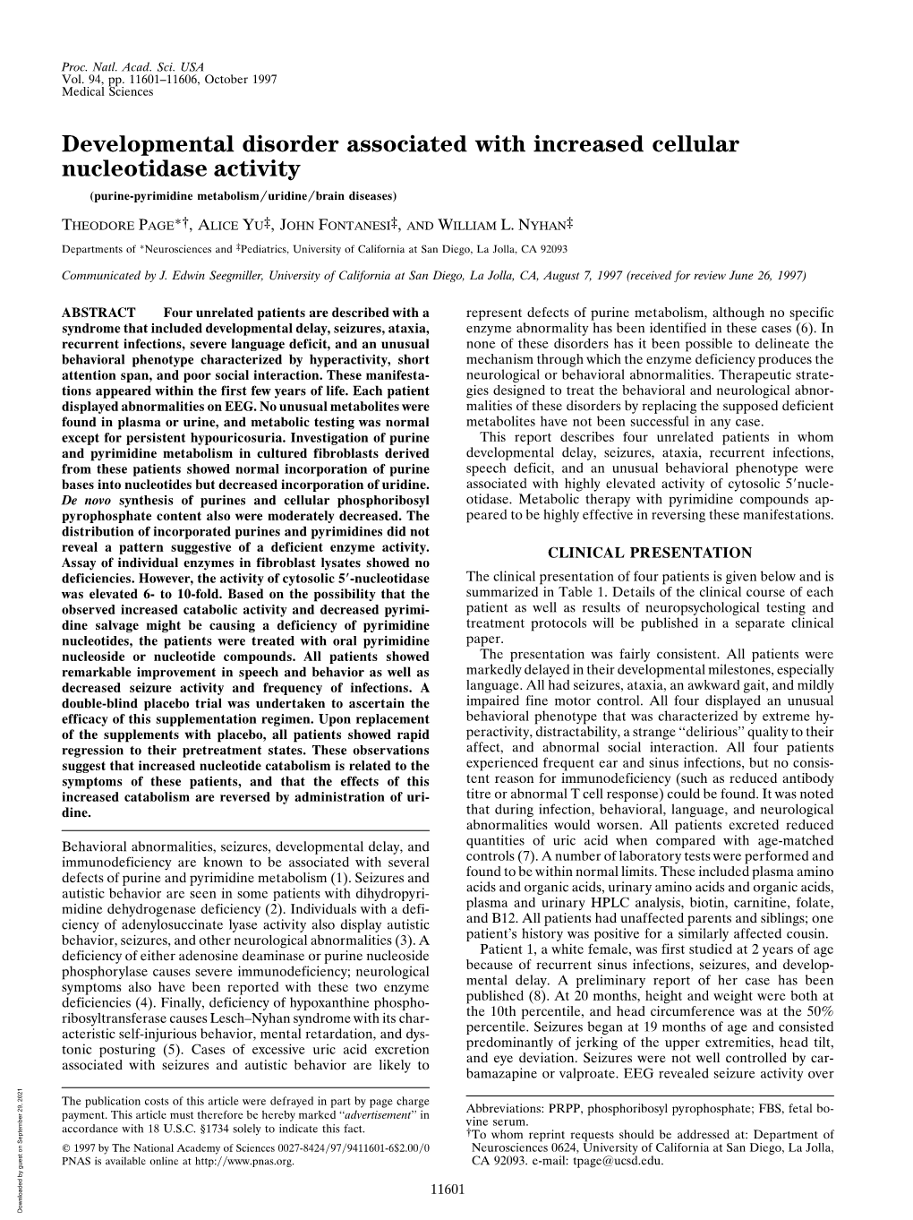 Developmental Disorder Associated with Increased Cellular Nucleotidase Activity (Purine-Pyrimidine Metabolism͞uridine͞brain Diseases)