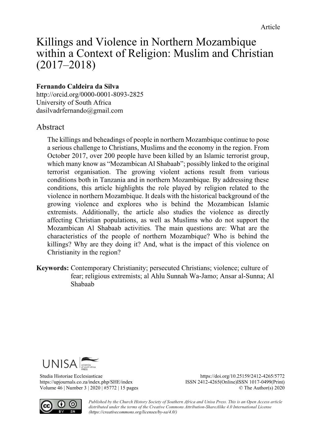 Killings and Violence in Northern Mozambique Within a Context of Religion: Muslim and Christian (2017–2018)