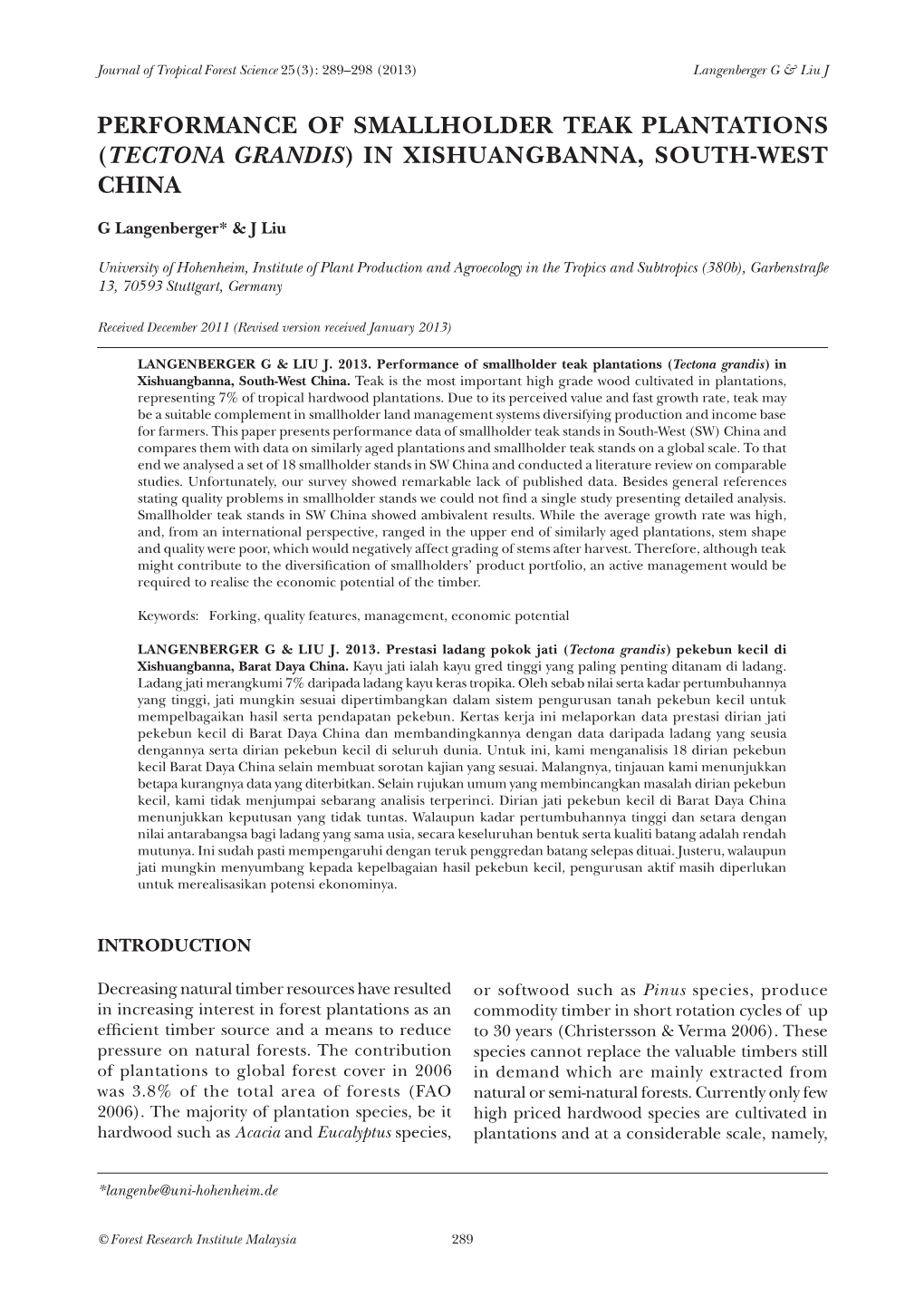 Performance of Smallholder Teak Plantations (Tectona Grandis) in Xishuangbanna, South-West China