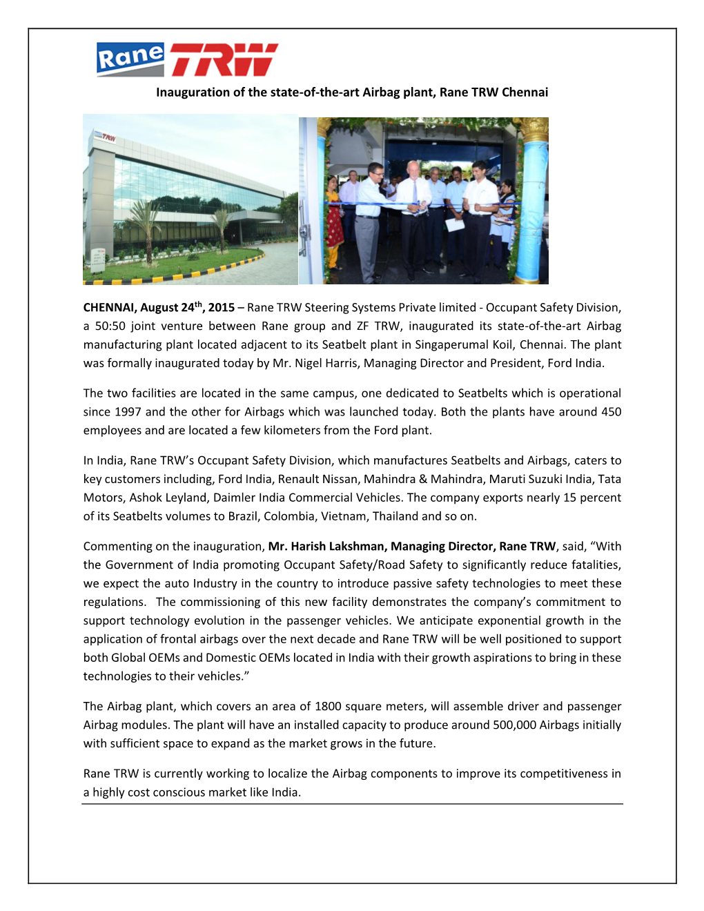 Inauguration of the State-Of-The-Art Airbag Plant, Rane TRW Chennai