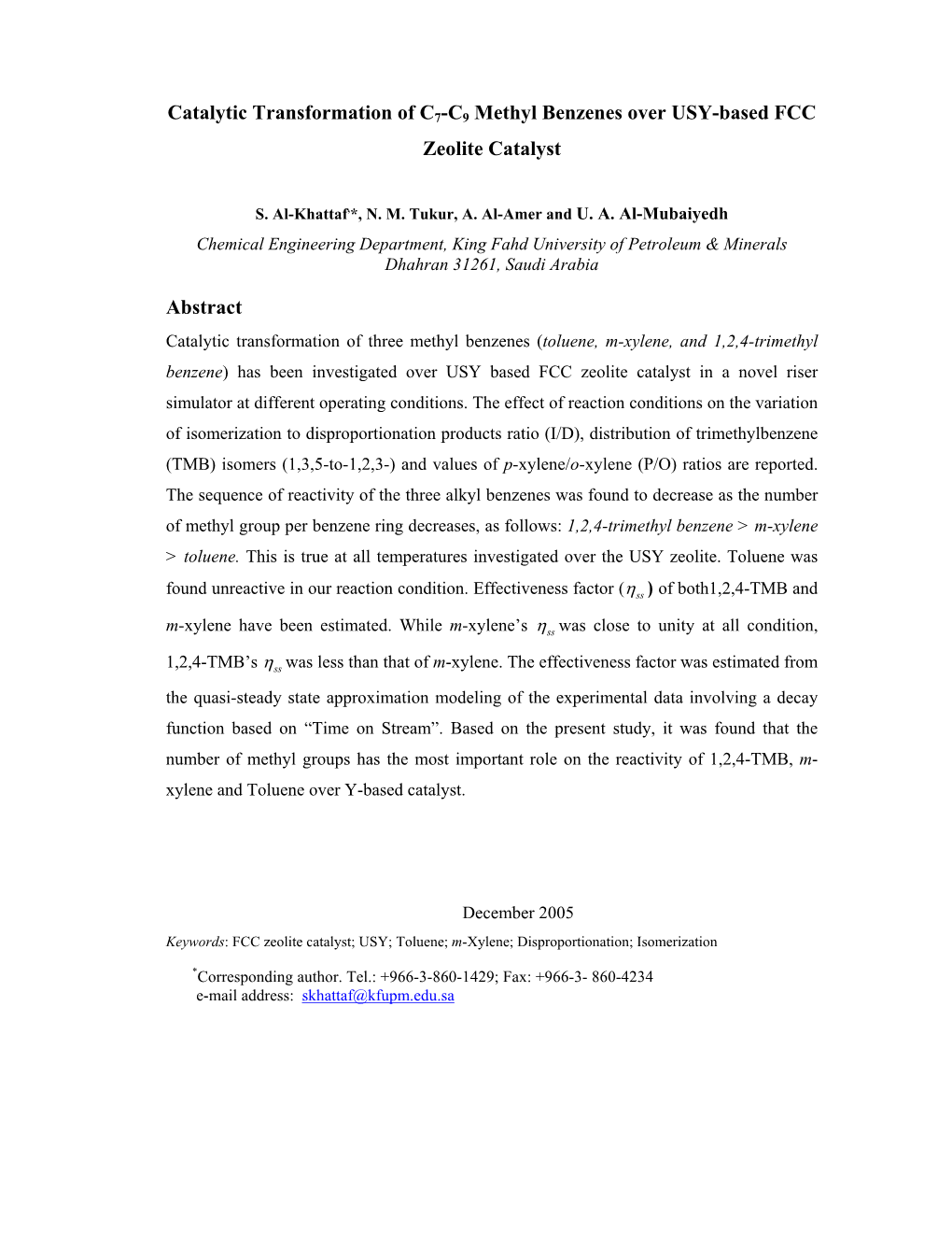 Catalytic Transformation of C7-C9 Methyl Benzenes Over USY-Based FCC Zeolite Catalyst