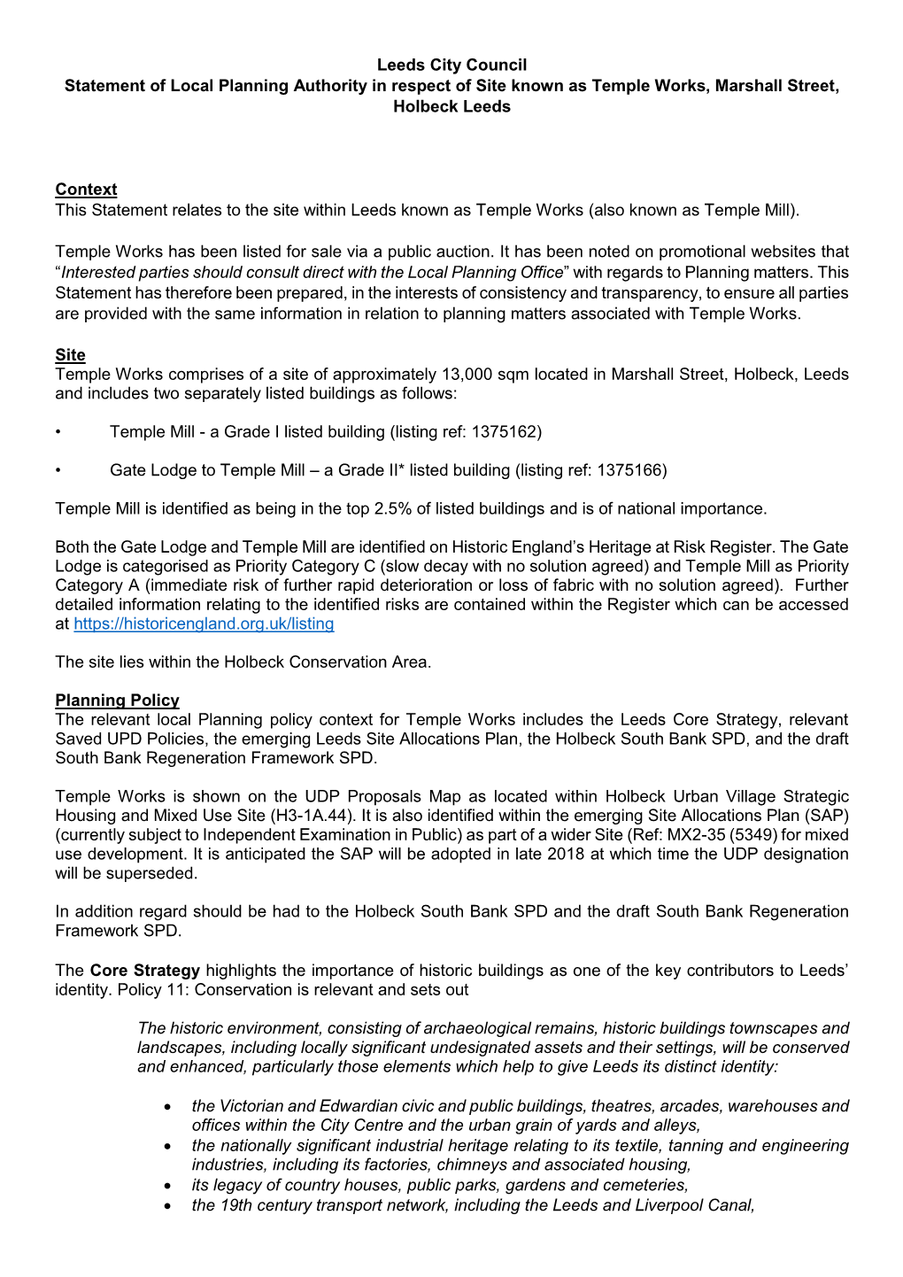 Leeds City Council Statement of Local Planning Authority in Respect of Site Known As Temple Works, Marshall Street, Holbeck Leeds