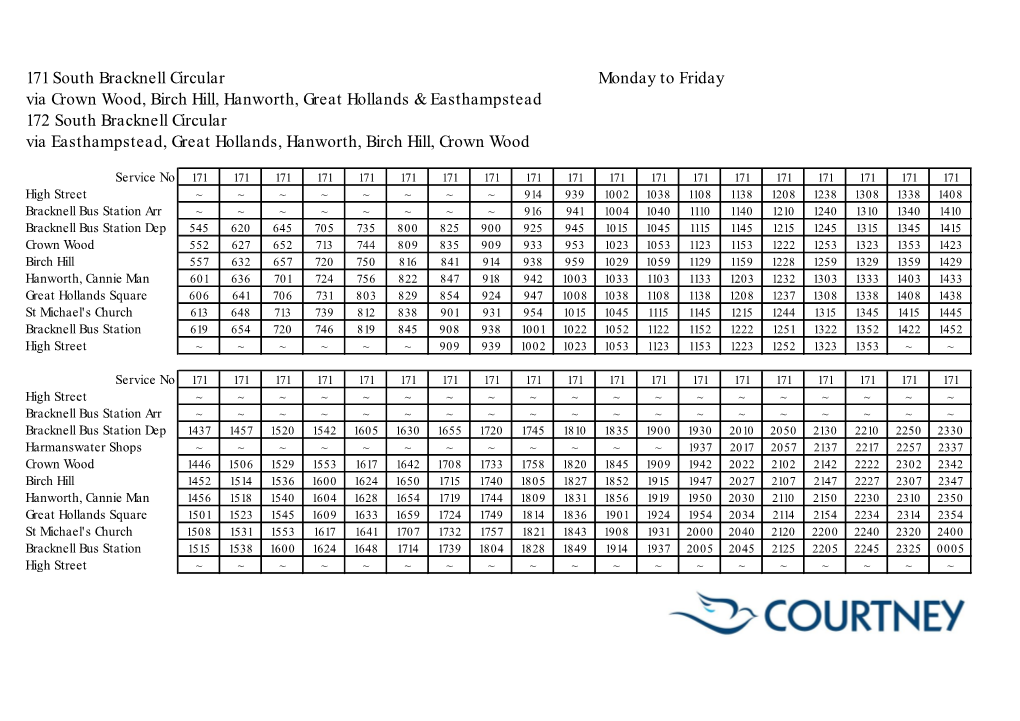 171 South Bracknell Circular Monday to Friday Via Crown Wood, Birch Hill