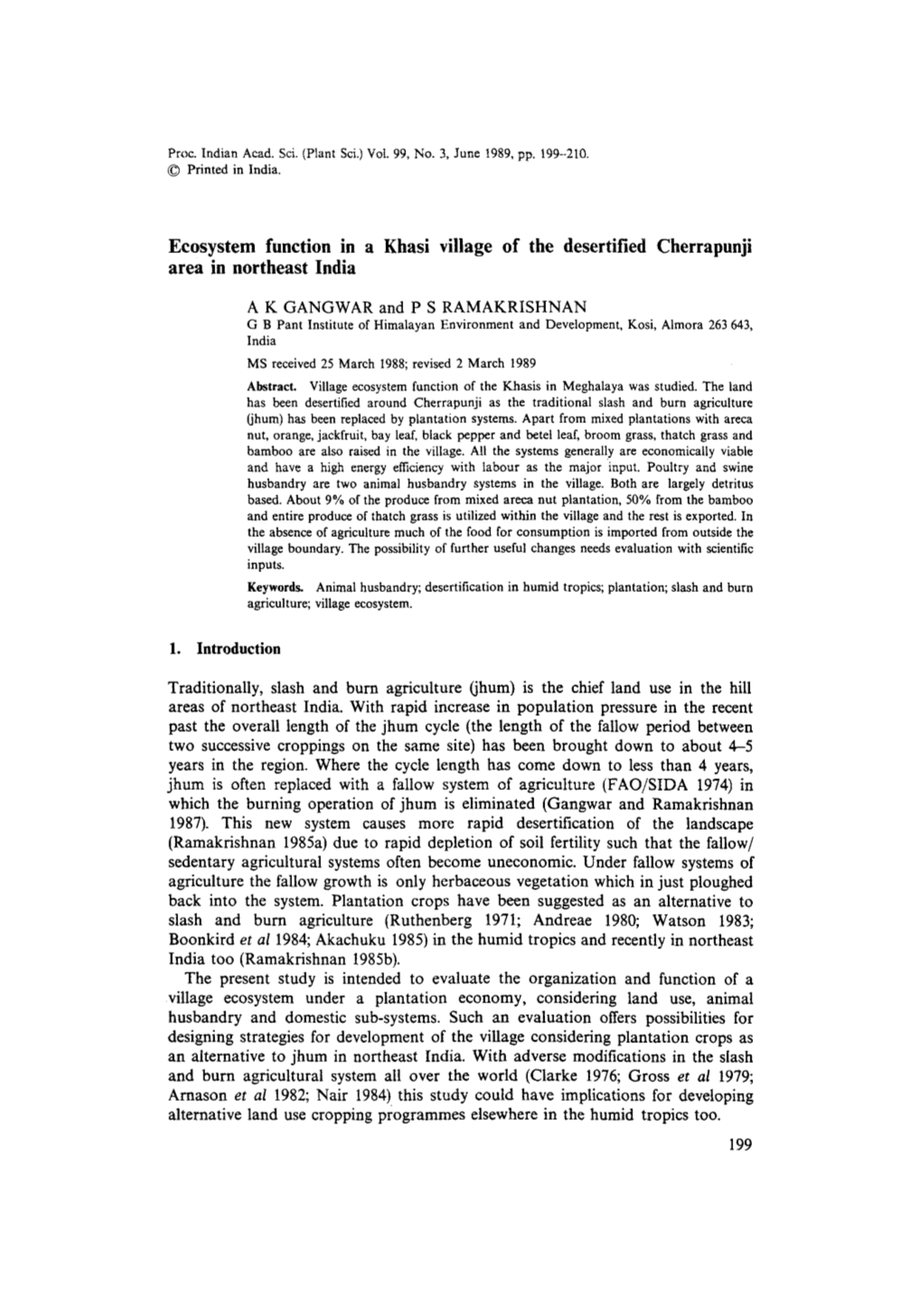 Ecosystem Function in a Khasi Village of the Desertified Cherrapunji Area in Northeast India