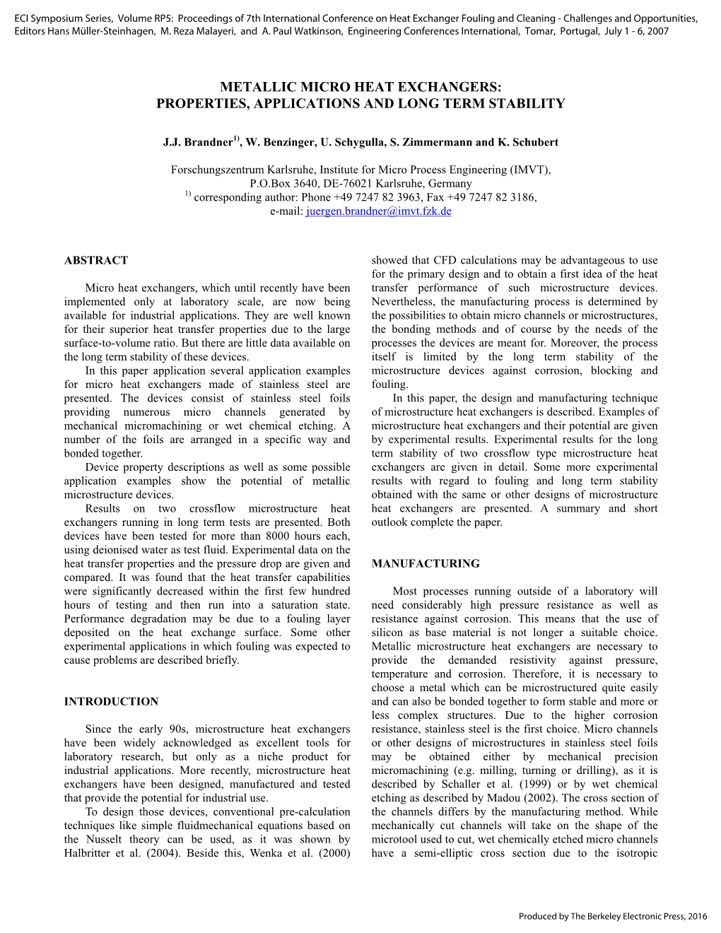 Metallic Micro Heat Exchangers: Properties, Applications and Long Term Stability