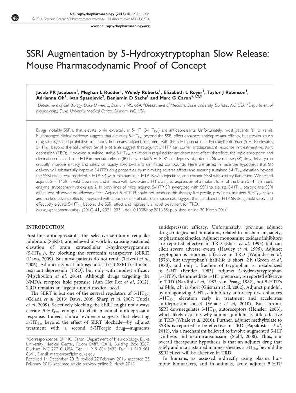 SSRI Augmentation by 5-Hydroxytryptophan Slow Release: Mouse Pharmacodynamic Proof of Concept