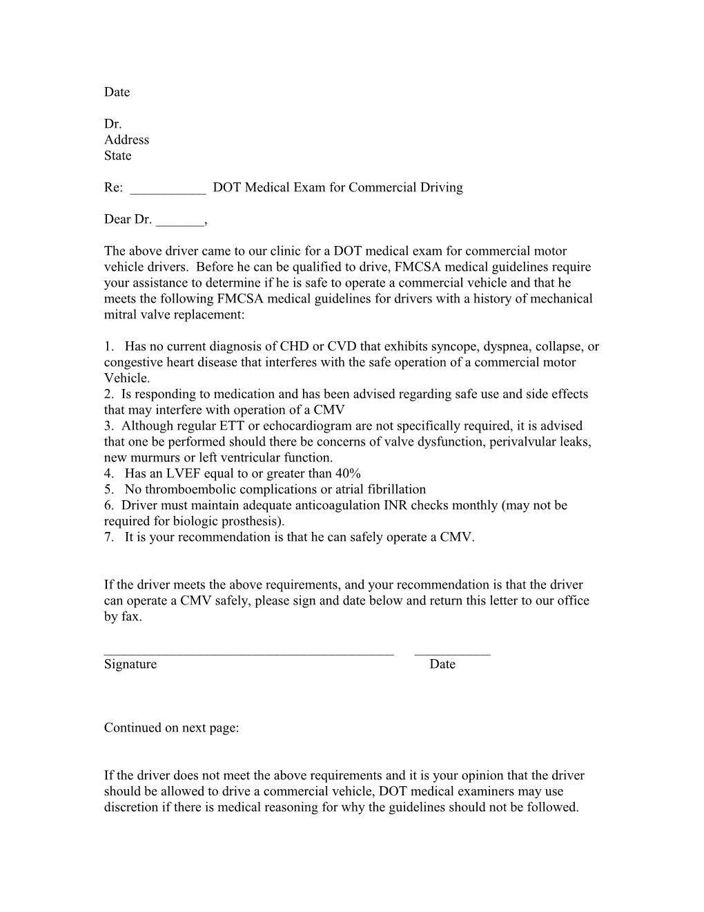 Re: ______DOT Medical Exam for Commercial Driving