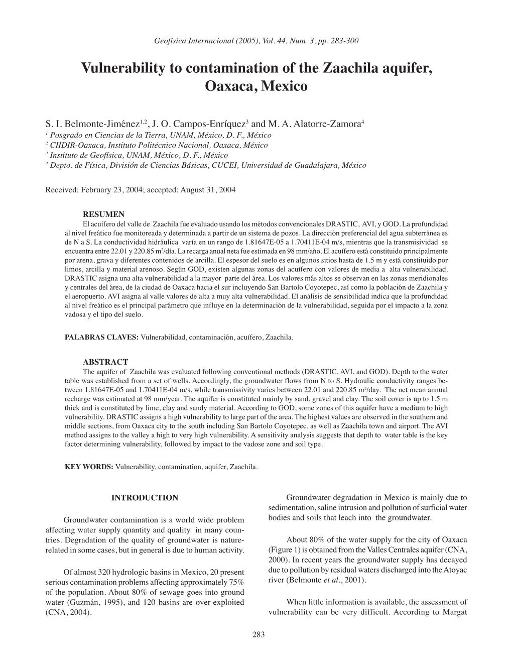 Vulnerability to Contamination of the Zaachila Aquifer, Oaxaca, Mexico