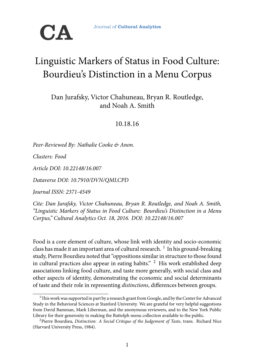 Linguistic Markers of Status in Food Culture: Bourdieu’S Distinction in a Menu Corpus