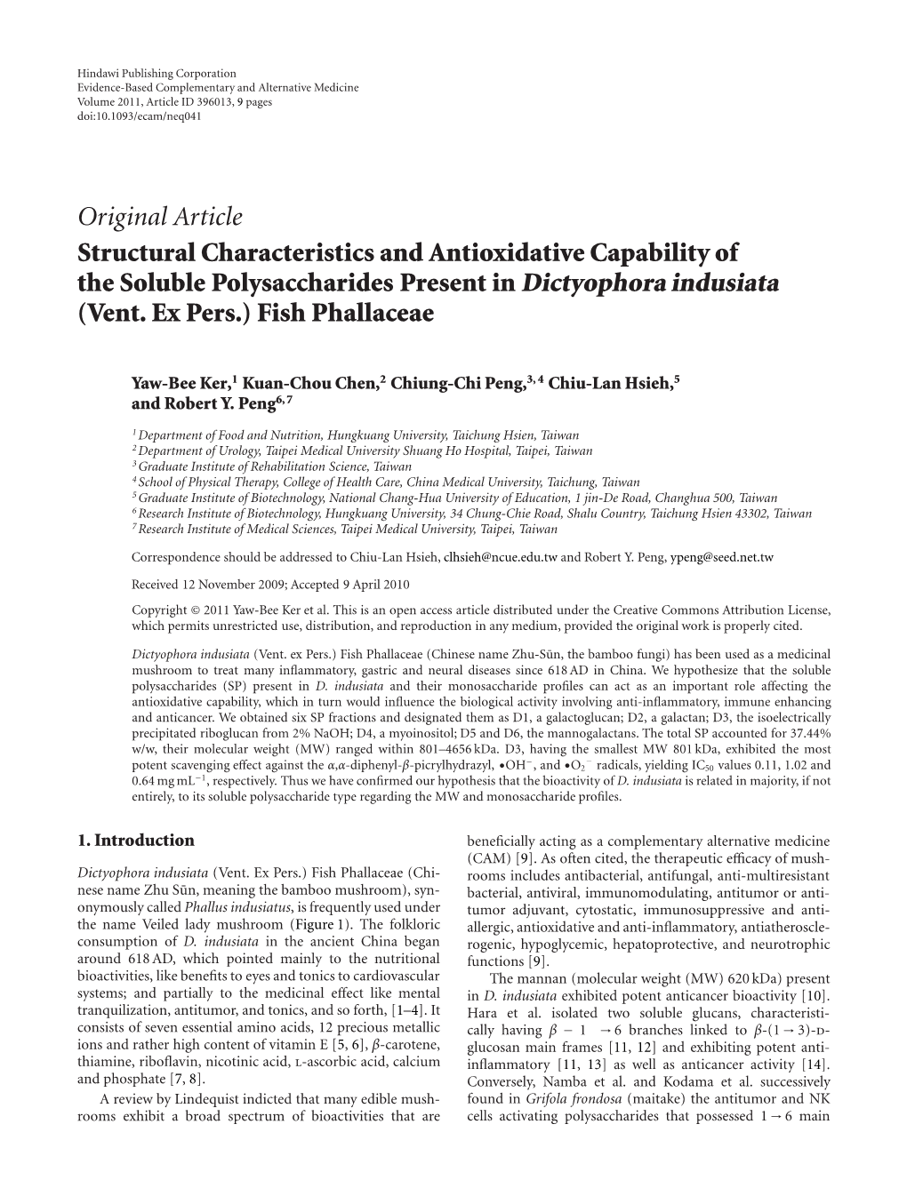 Structural Characteristics and Antioxidative Capability of the Soluble Polysaccharides Present in Dictyophora Indusiata (Vent