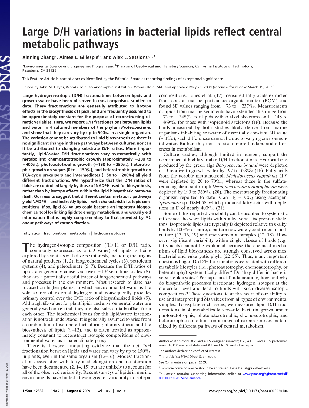 Large D/H Variations in Bacterial Lipids Reflect Central Metabolic Pathways