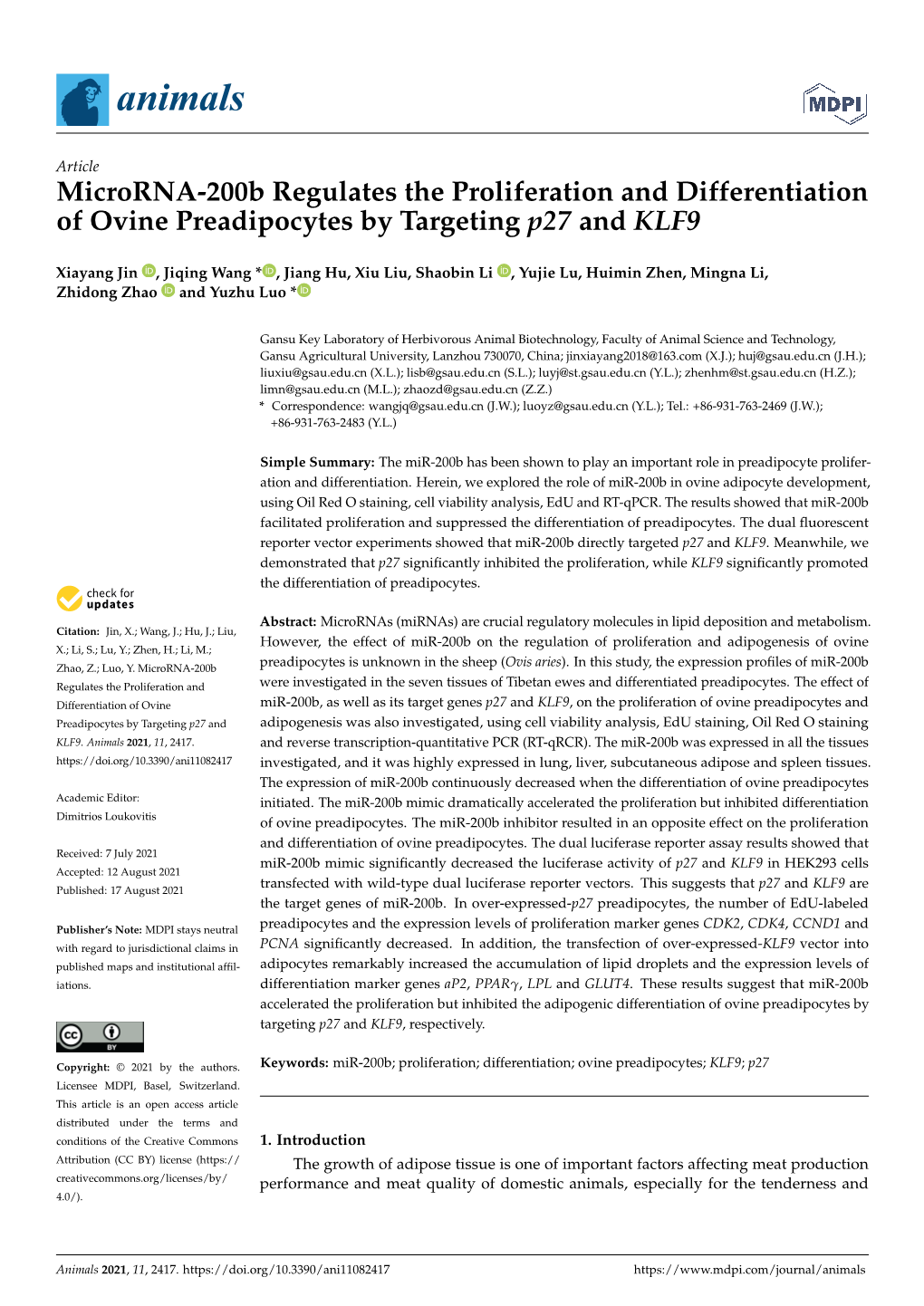 Microrna-200B Regulates the Proliferation and Differentiation of Ovine Preadipocytes by Targeting P27 and KLF9