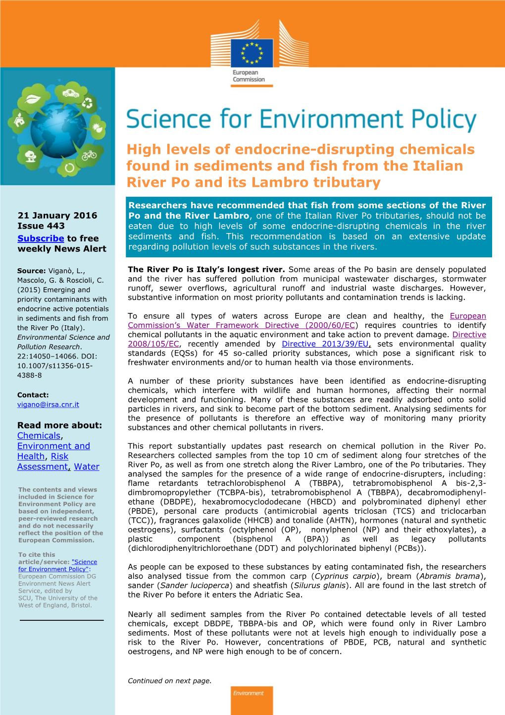 High Levels of Endocrine-Disrupting Chemicals Found in Sediments and Fish from the Italian River Po and Its Lambro Tributary