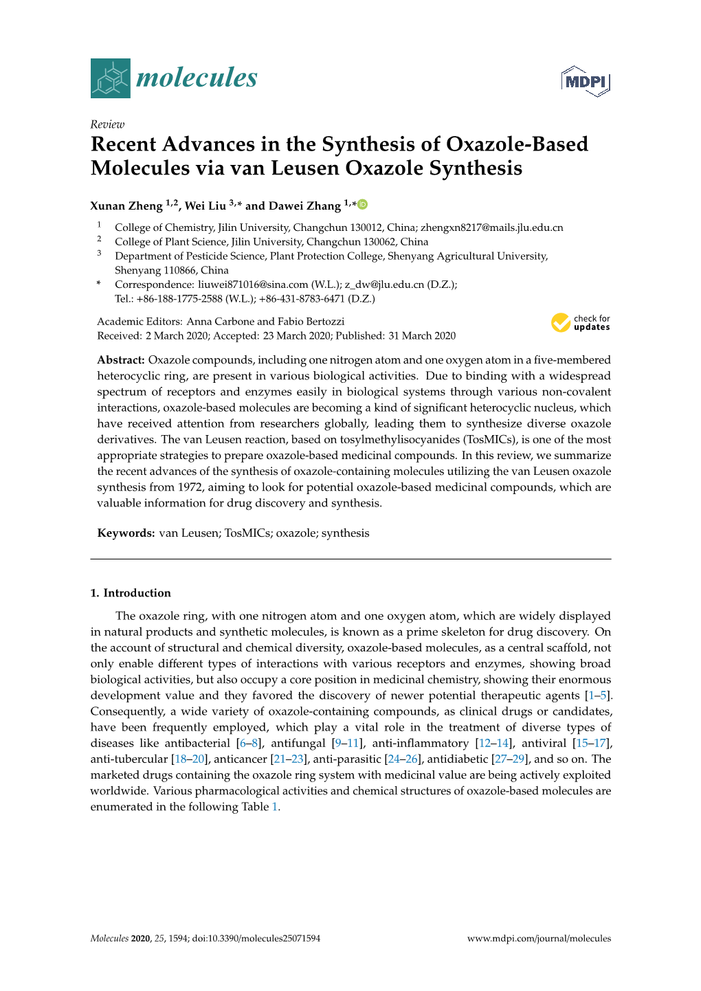 Recent Advances in the Synthesis of Oxazole-Based Molecules Via Van Leusen Oxazole Synthesis