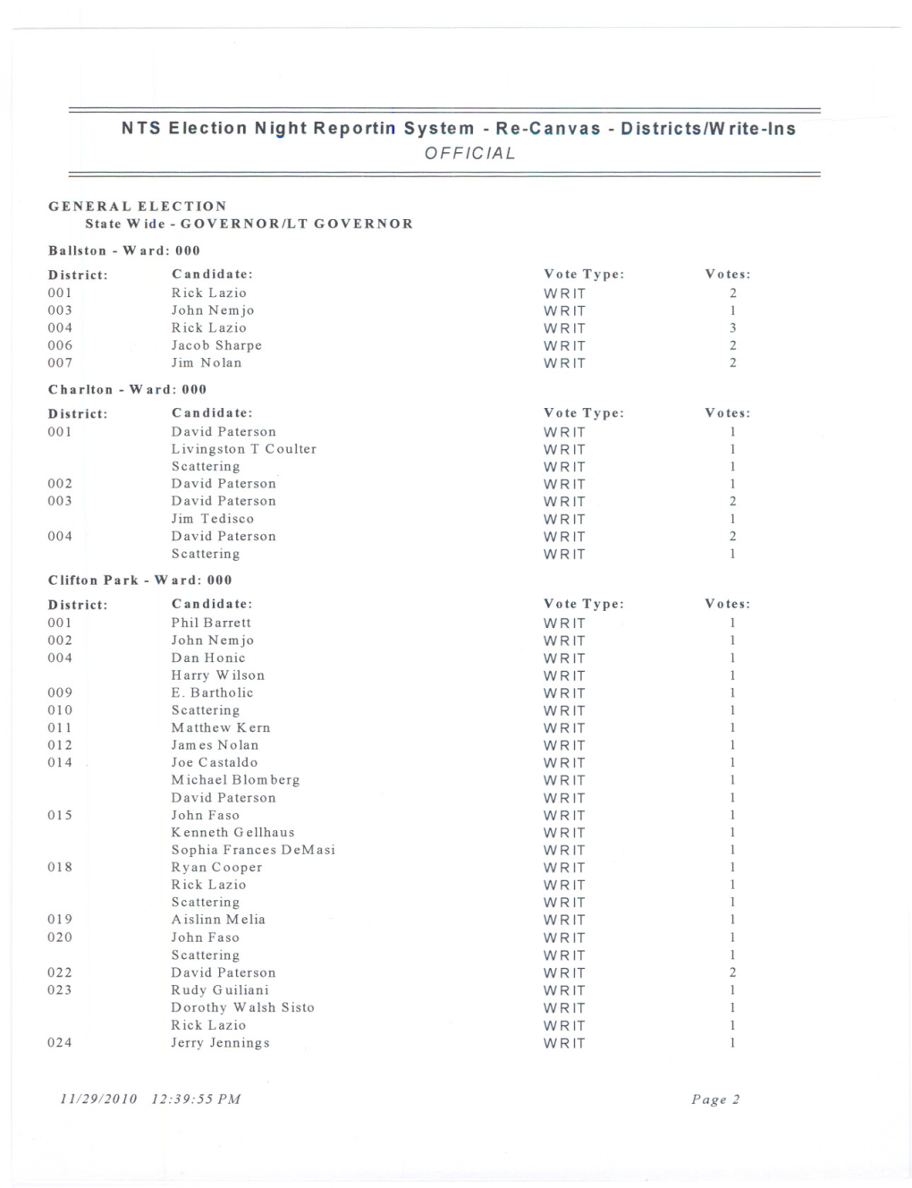 2010 General Write in Report