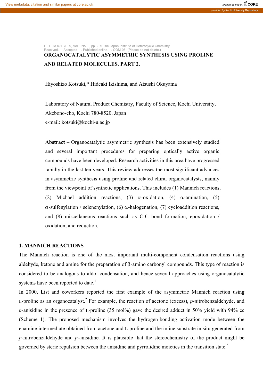 Organocatalytic Asymmetric Synthesis Using Proline and Related Molecules