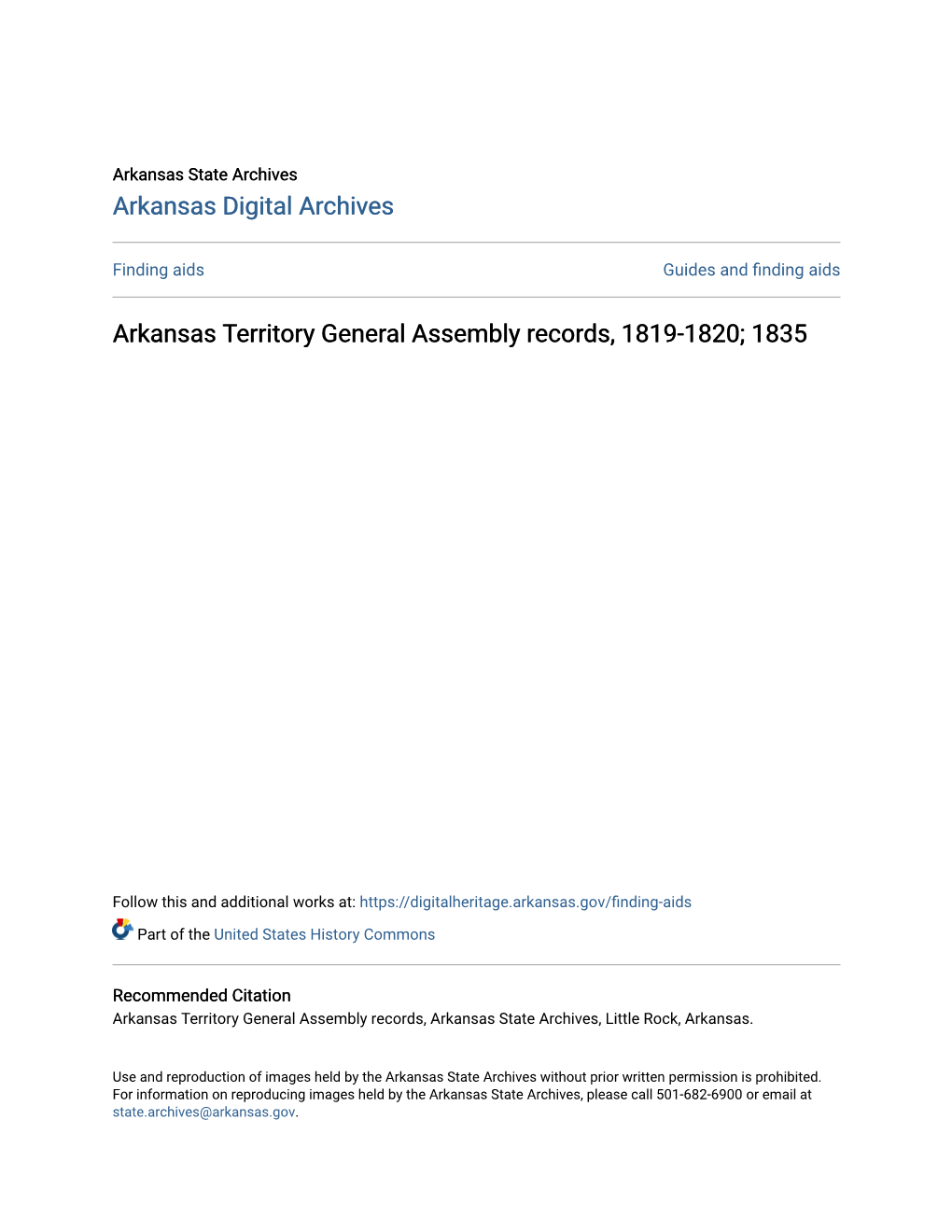 Arkansas Territory General Assembly Records, 1819-1820; 1835
