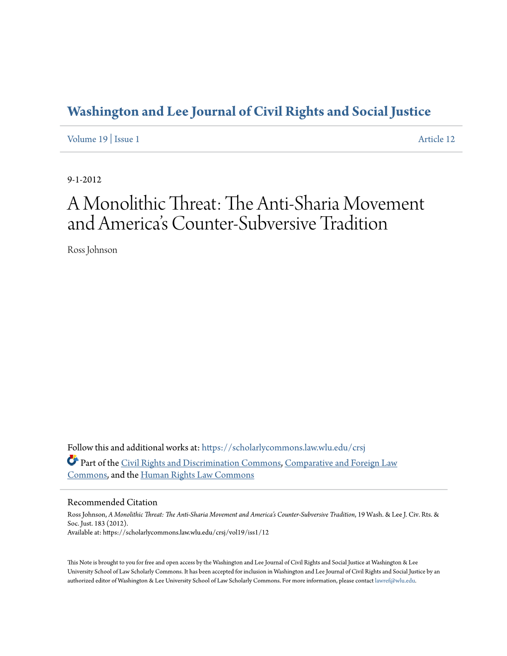 The Anti-Sharia Movement and America's Counter-Subversive