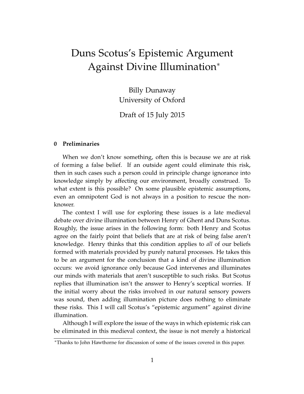 Duns Scotus's Epistemic Argument Against Divine Illumination