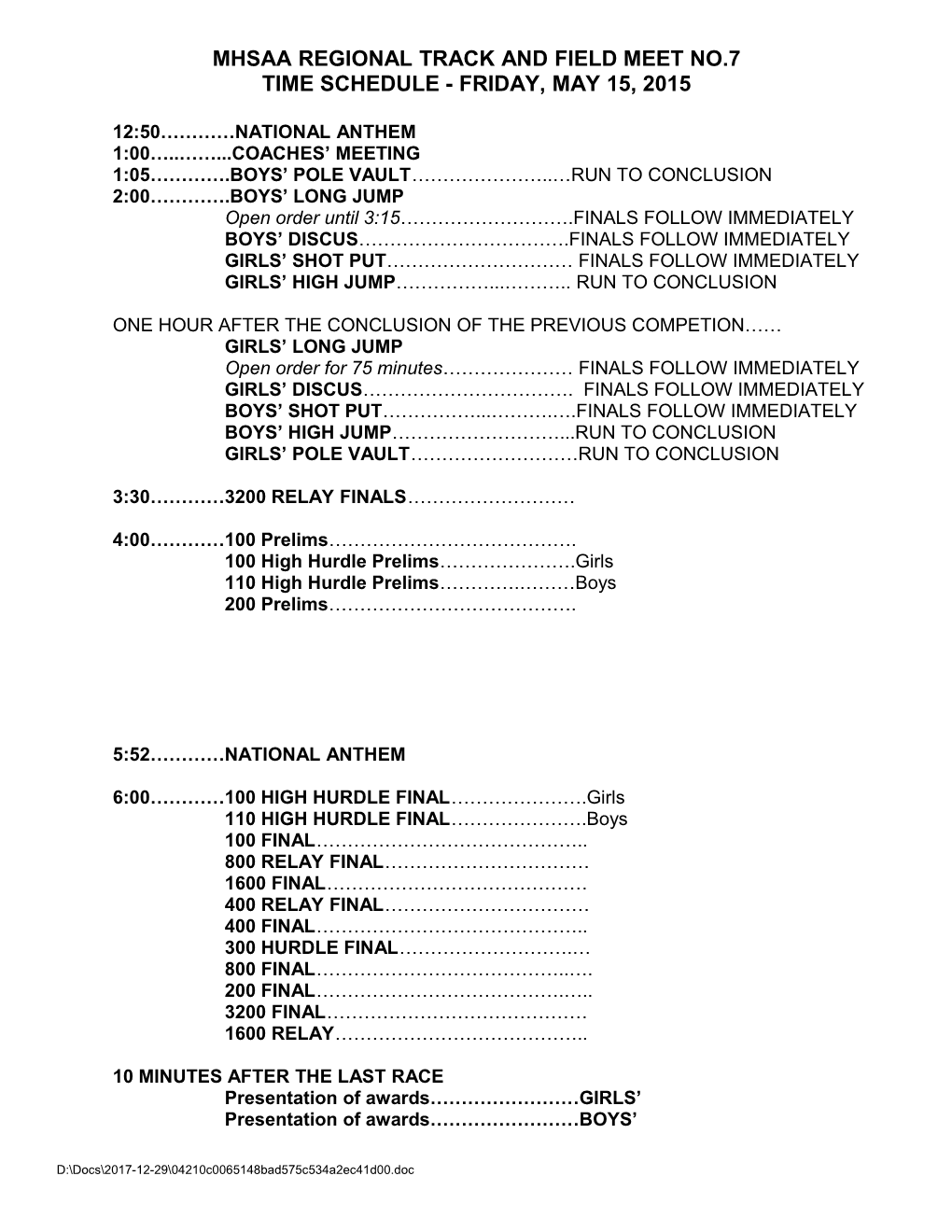 2006 Mhsaa Regional Track and Field Meet Time Schedule