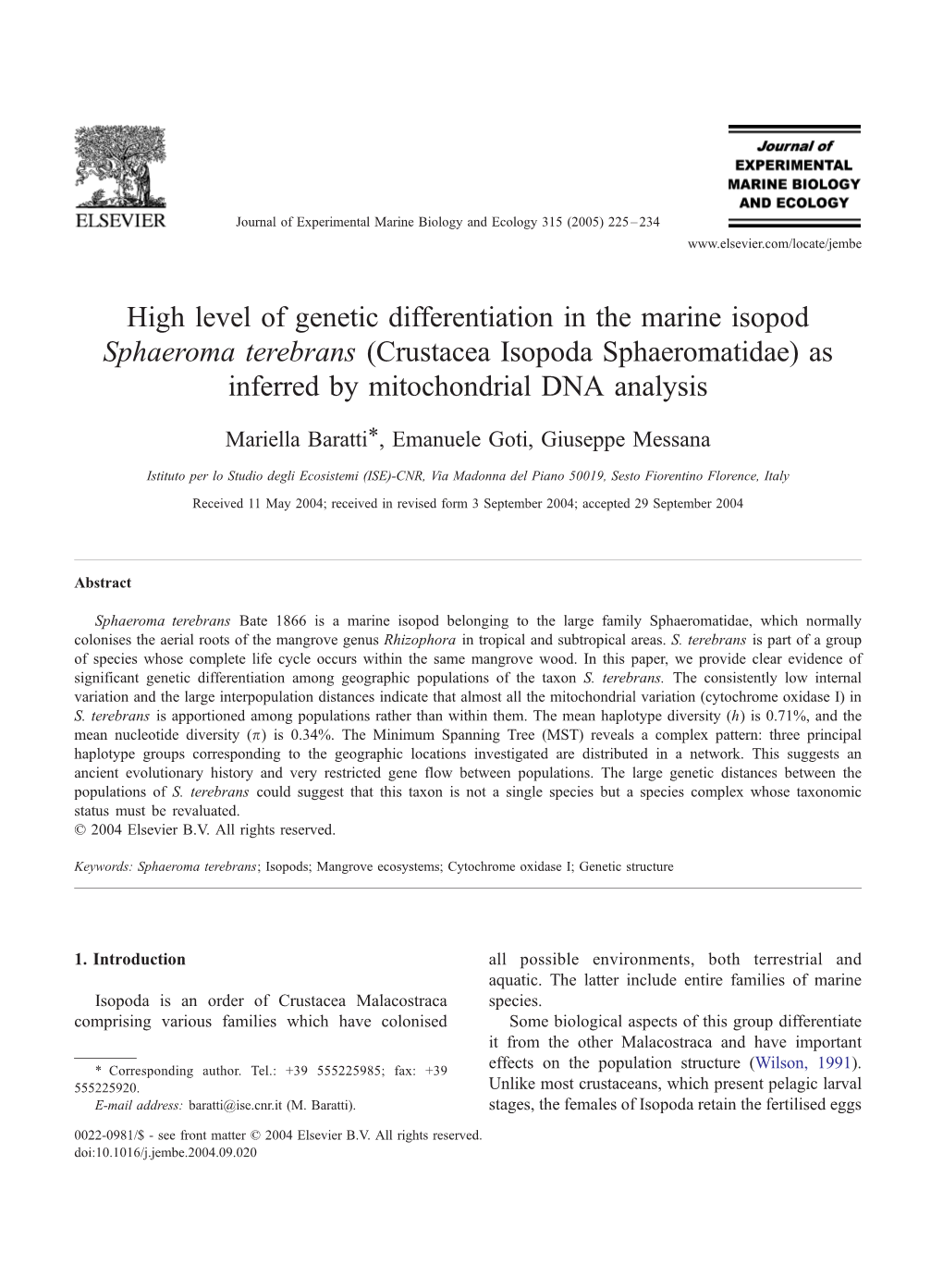 High Level of Genetic Differentiation in the Marine Isopod Sphaeroma Terebrans (Crustacea Isopoda Sphaeromatidae) As Inferred by Mitochondrial DNA Analysis