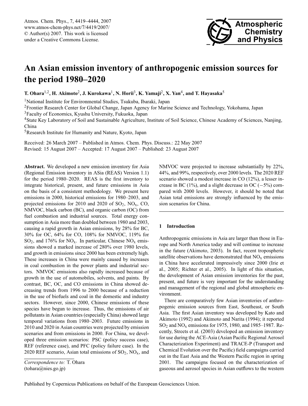 An Asian Emission Inventory of Anthropogenic Emission Sources for the Period 1980–2020