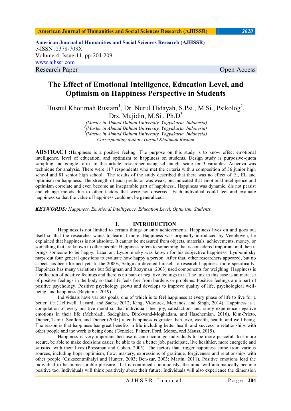 The Effect of Emotional Intelligence, Education Level, and Optimism on Happiness Perspective in Students