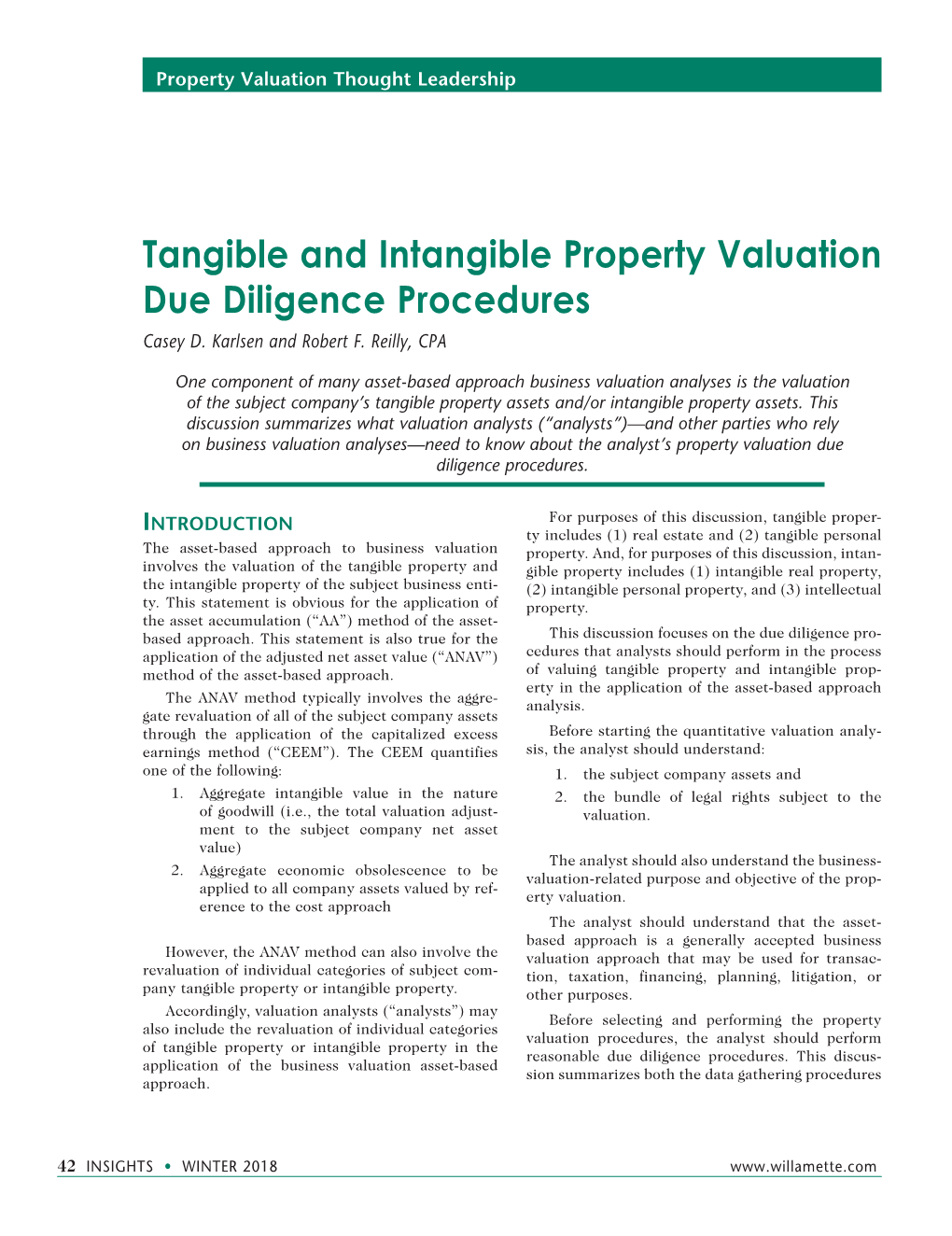 Tangible and Intangible Property Valuation Due Diligence Procedures Casey D