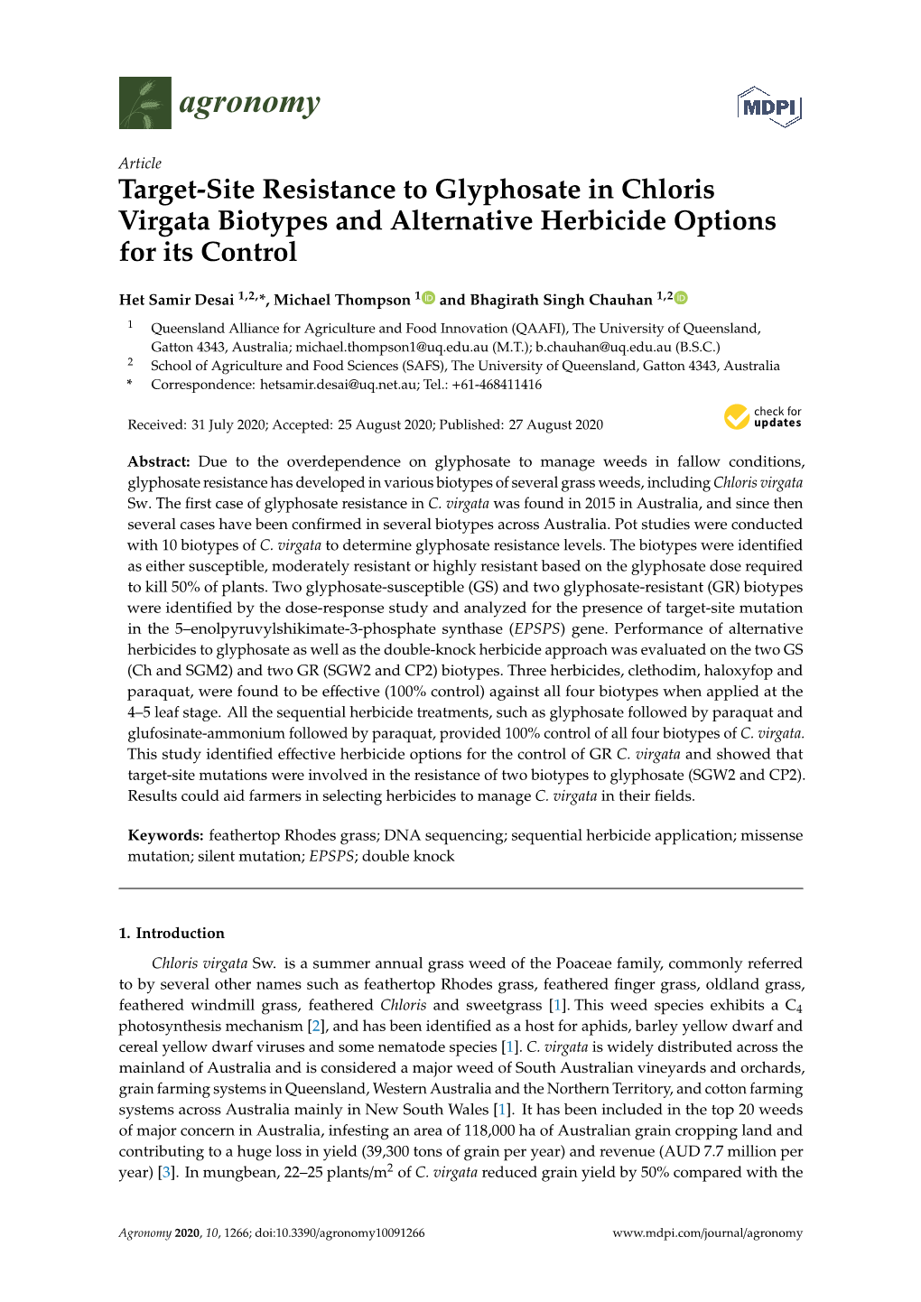 Target-Site Resistance to Glyphosate in Chloris Virgata Biotypes and Alternative Herbicide Options for Its Control