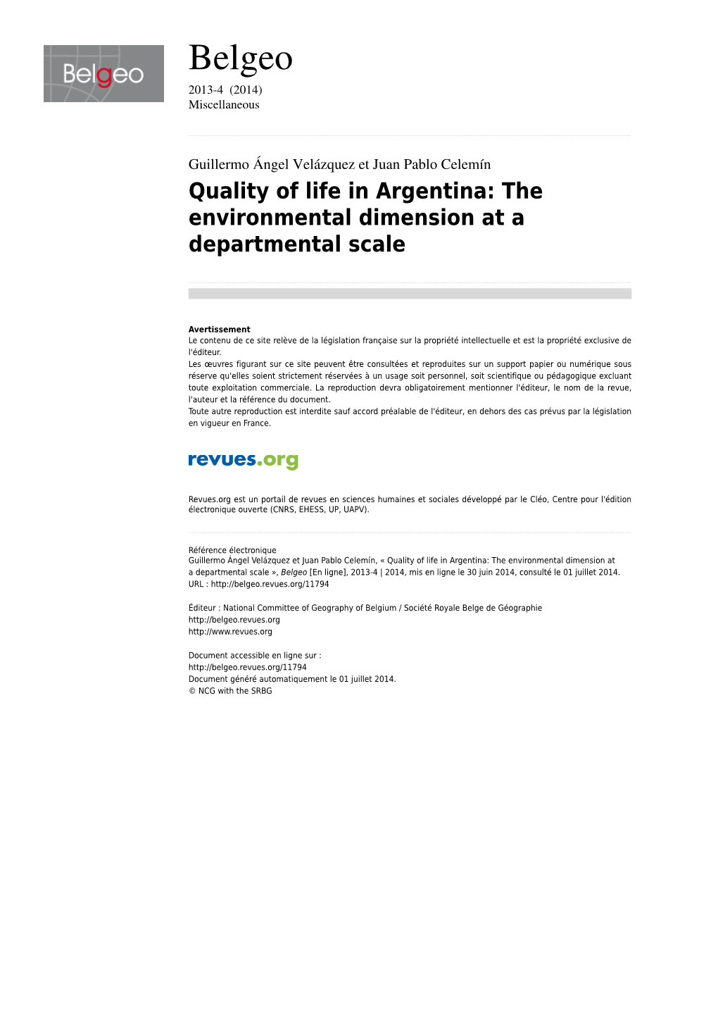 Quality of Life in Argentina: the Environmental Dimension at a Departmental Scale