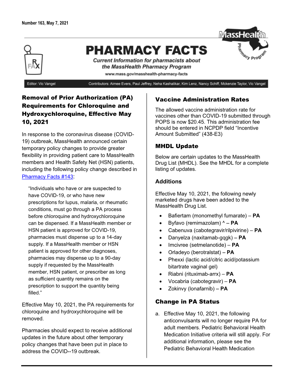 Removal of Prior Authorization (PA) Requirements for Chloroquine And